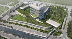 Rendering of embassy building surrounded by roadways and waterways