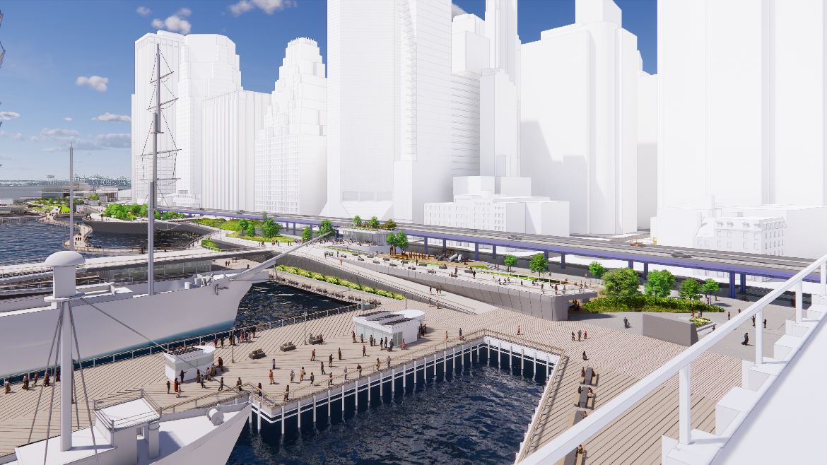 下曼哈顿恢复计划要求建造防洪堤，将海岸线延伸到东河