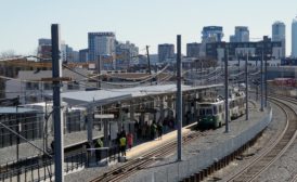 A train arriving at Union Square Station in Somerville, Mass.