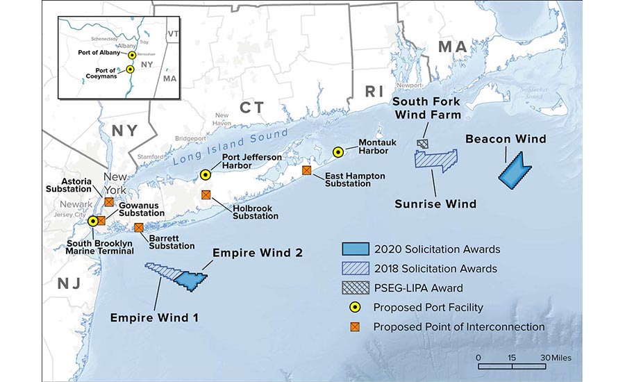 海上风力发电场在纽约州的地图